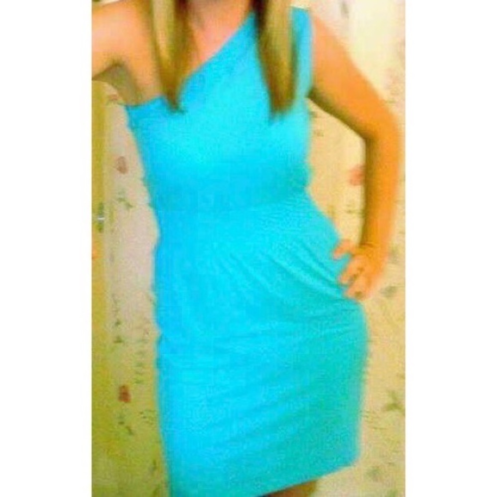 One Shoulder Blue Dress, form fitting, Midi, Summer
